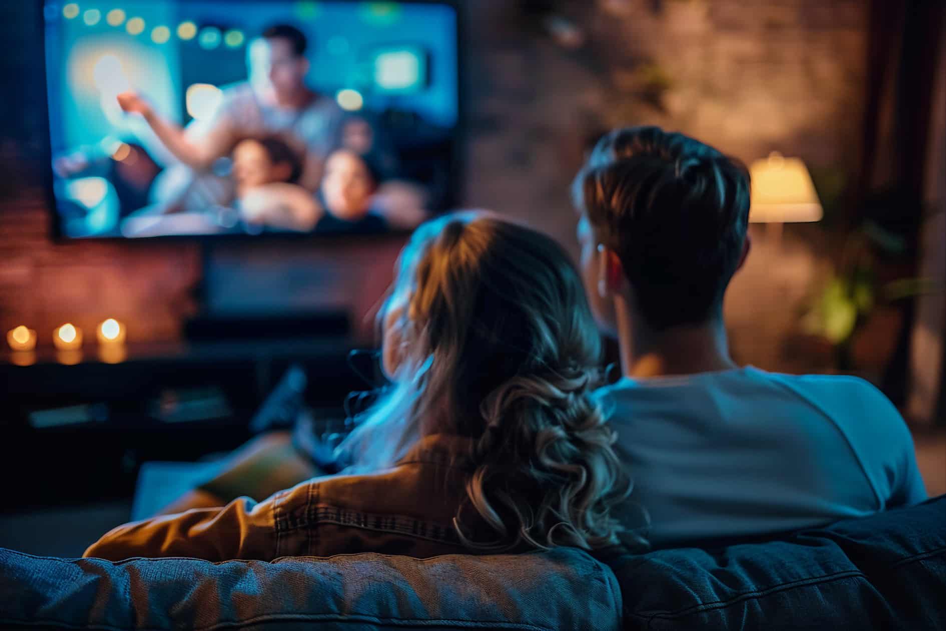 image of a beautiful loving relaxed couple watching tv at home together.
