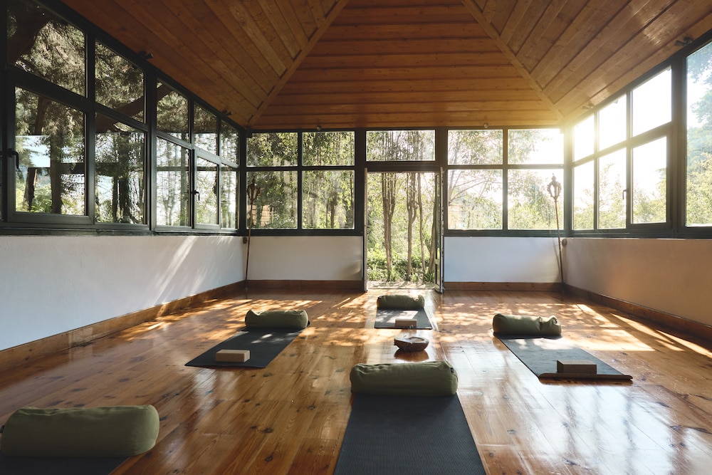 meditation practices retreats sessions background in natural forest garden area building. Empty clean yoga gym room studio interior with big windows mats on wooden floor