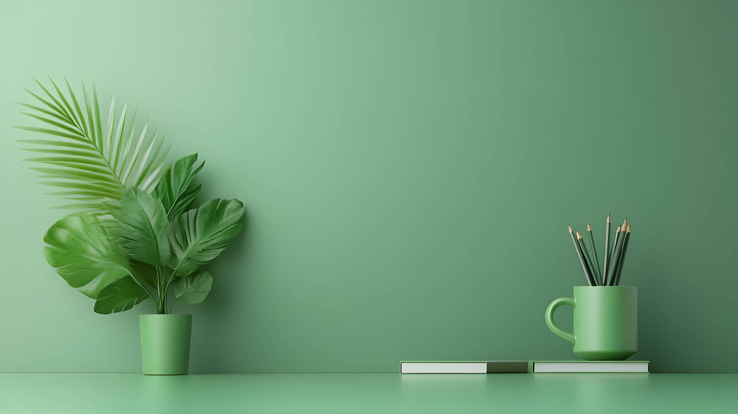 A modern workspace with a green desk, green office chair, and plenty of greenery, creating a fresh and inspiring environment