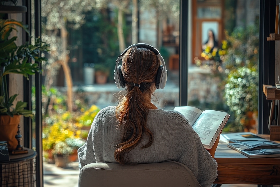 Woman Reading with Headphones